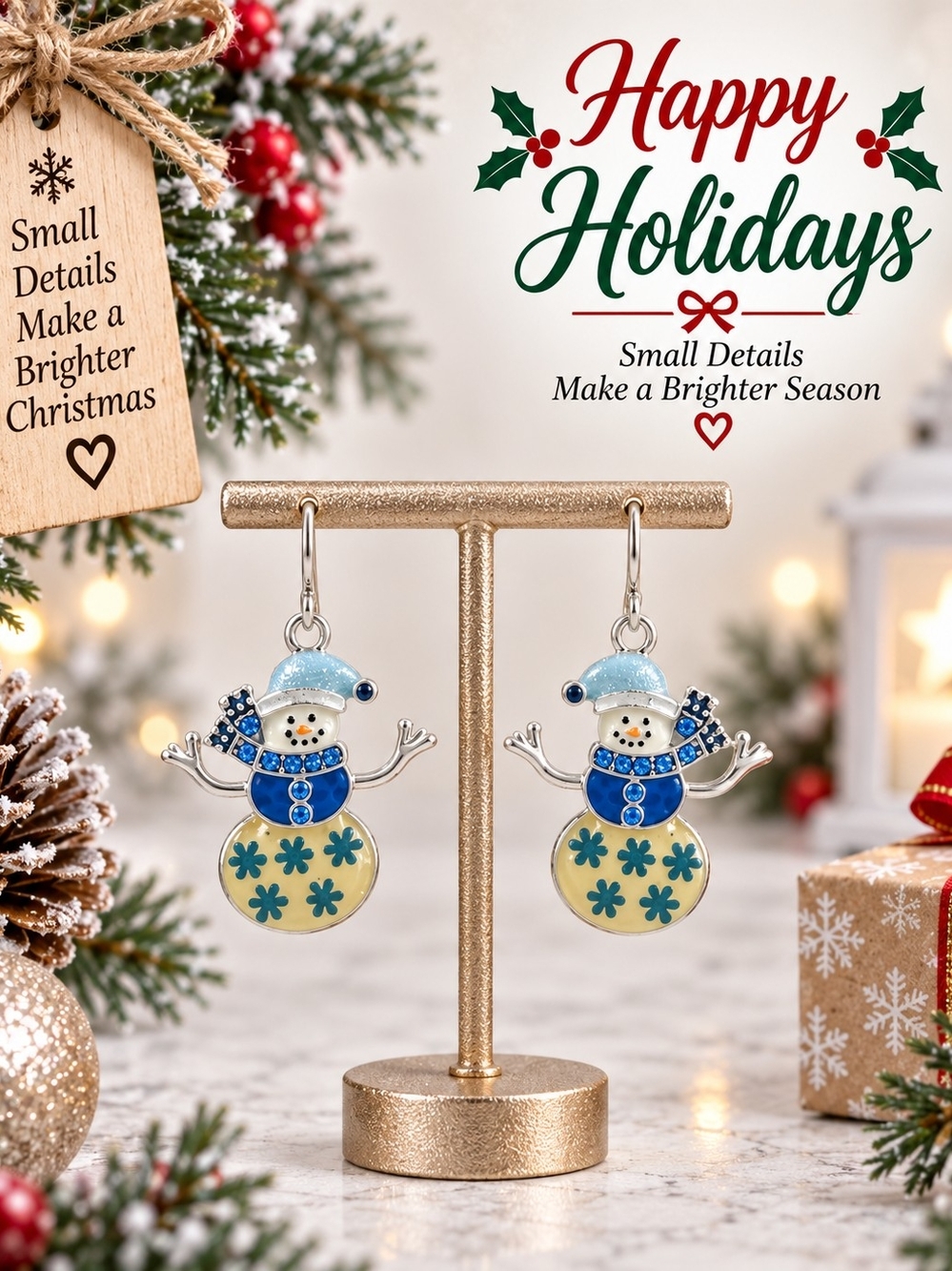 Festive Snowman Dangle Earrings - Blue & Cream Holiday Charm